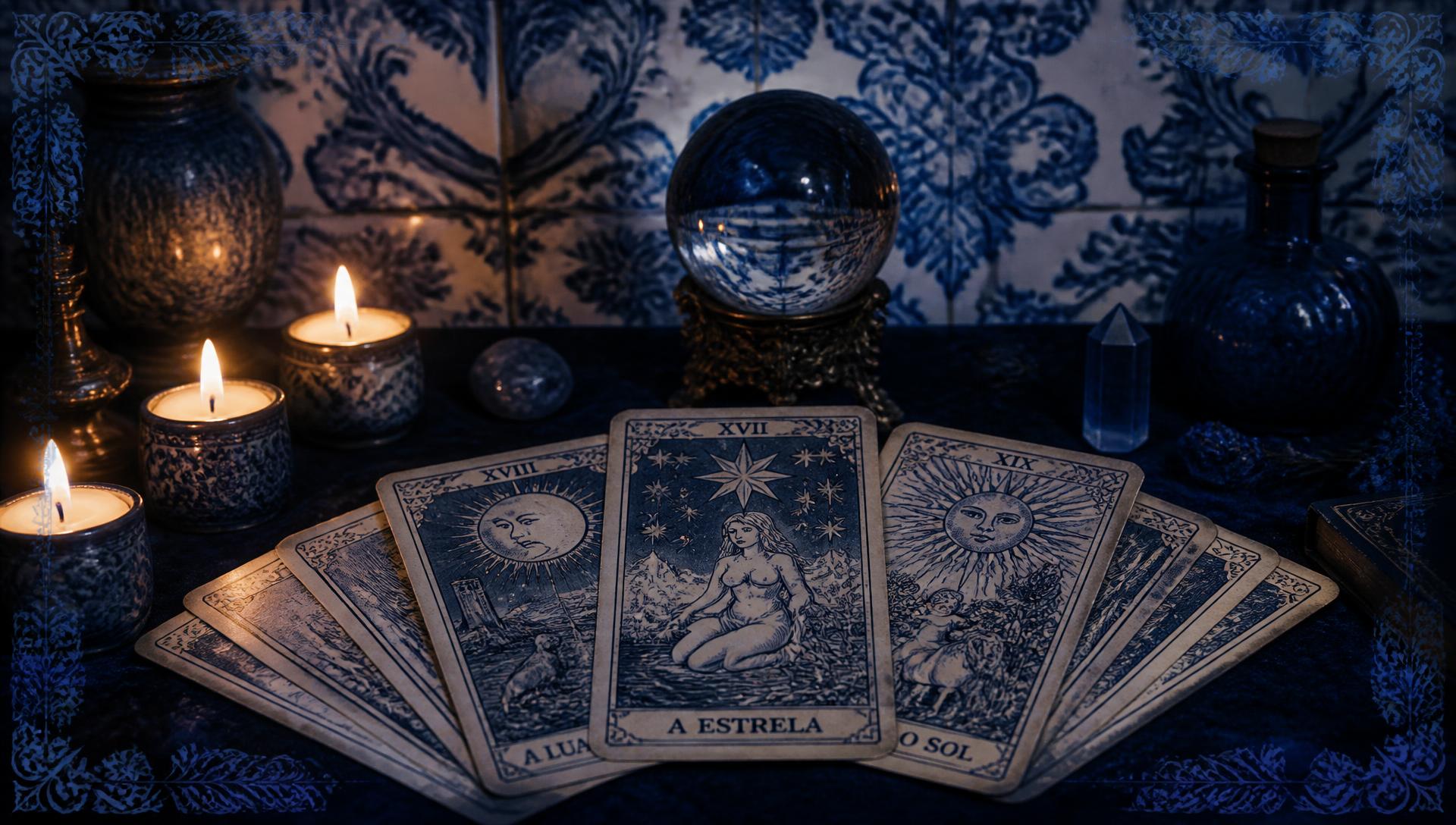 Cartas de tarot sobre veludo azul diante de azulejos portugueses